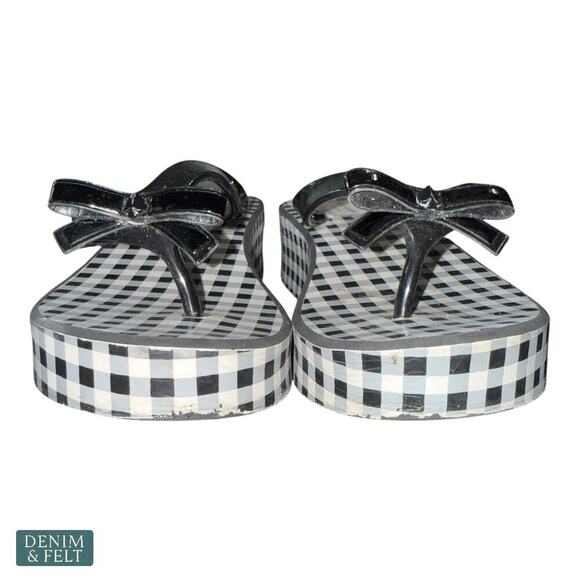 Kate Spade Rina Wedge Flip Flops Black Gingham Bow Sandals Size 7B Women’s - Picture 3 of 14